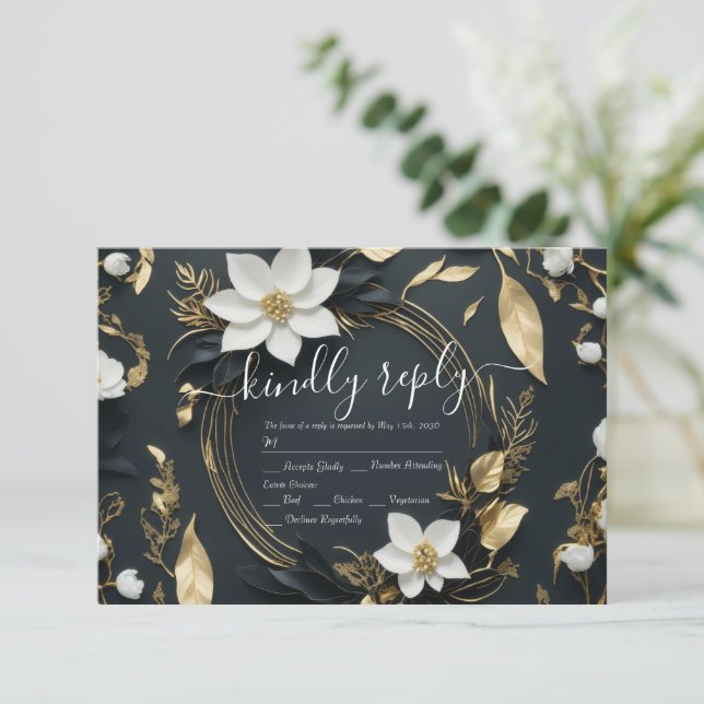 Modern Black White Gold Floral Wreath Wedding RSVP (Standing Front)