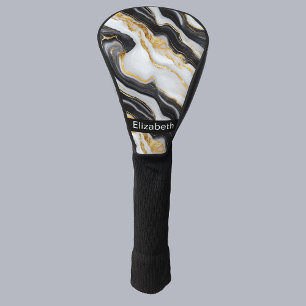 Modern Black White Gold Marble Personalized Golf Head Cover