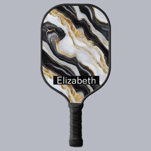 Modern Black White Gold Marble Personalized Pickleball Paddle