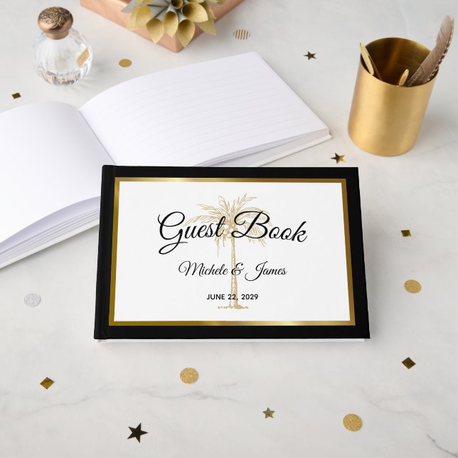 Modern Black White Gold Palm Tree Tropical Wedding Guest Book (Front Open)