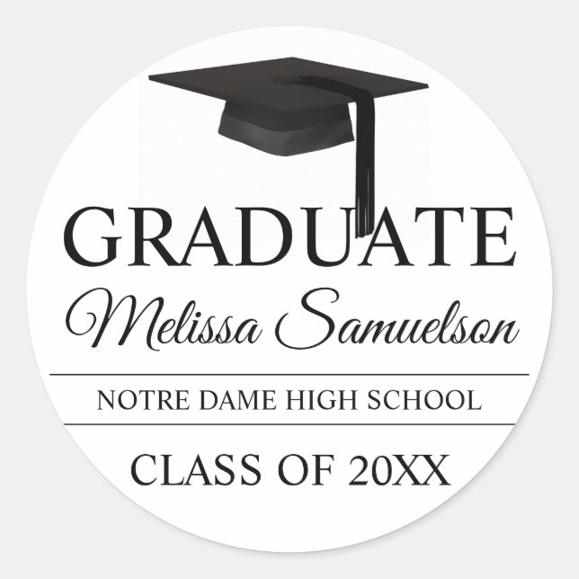 Modern Black White GRADUATE Class Graduation Cap Classic Round Sticker (Front)