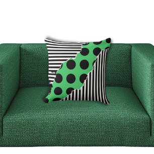 Modern Black, White & Green Layered Stripes Dots Throw Pillow