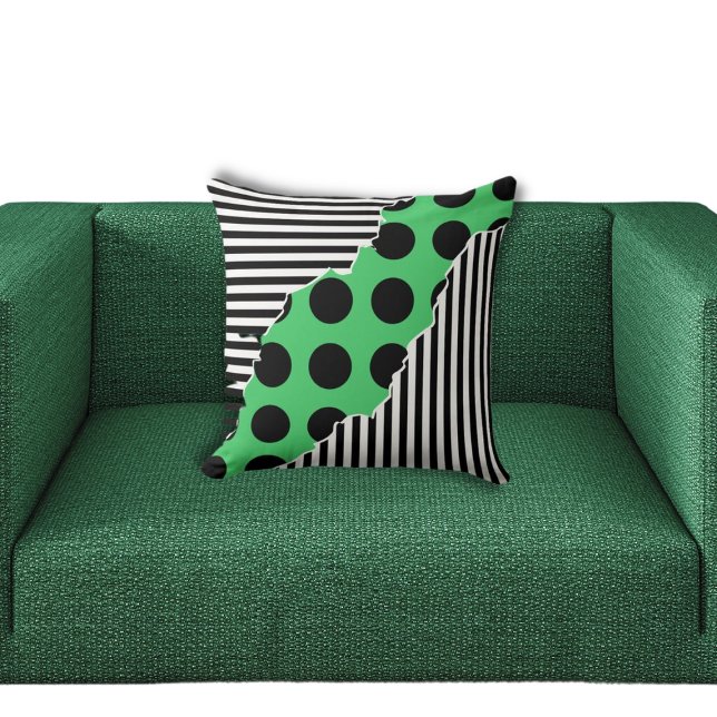 Modern Black, White & Green Layered Stripes Dots Throw Pillow (Flow of Black Circles)
