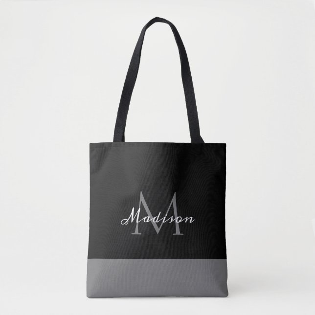 Modern Black White Grey Script Monogram Name Tote Bag (Front)