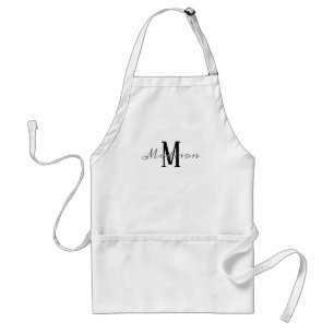 Modern Black White Grey Script Monogrammed Name Standard Apron