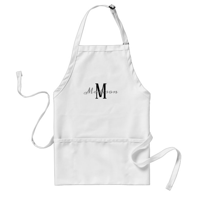 Modern Black White Grey Script Monogrammed Name Standard Apron (Front)