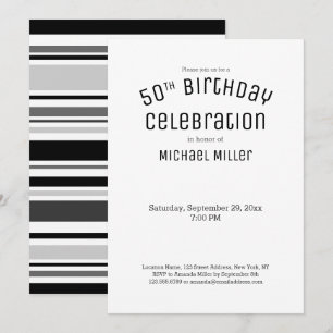 Modern Black White Grey Stripes 50th Birthday Invitation