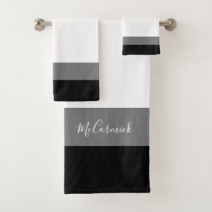 Modern Black White Grey Stripes Script Monogram Bath Towel Set