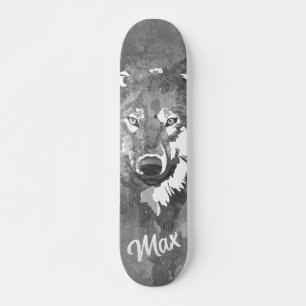 Modern black white grey watercolor wolf skateboard
