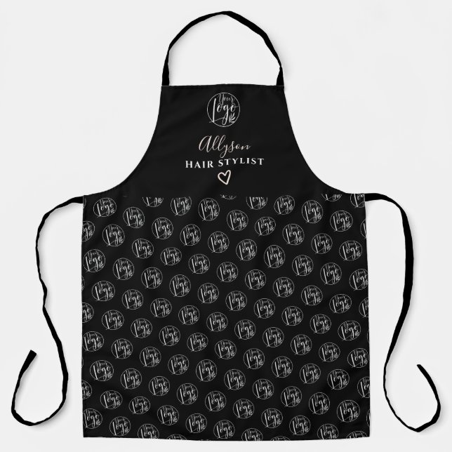 Modern black white hair stylist logo pattern brand apron (Front)