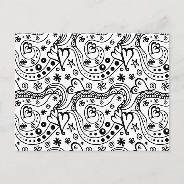 Modern black white hand drawn abstract hearts postcard (Front)