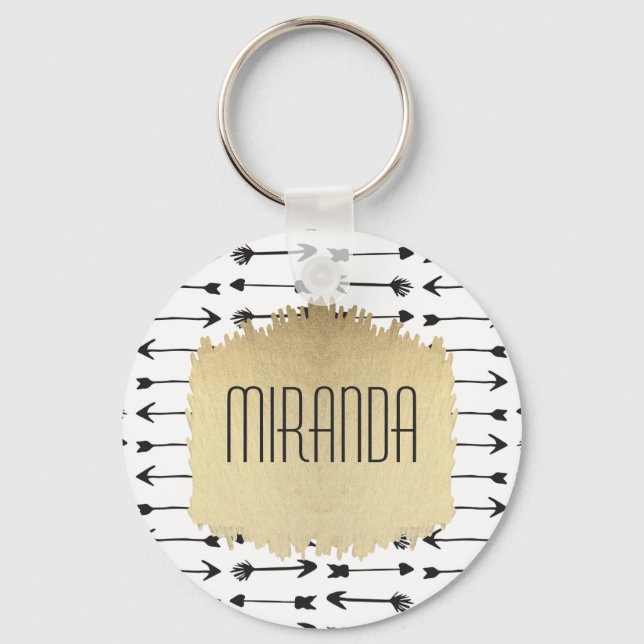 Modern Black & White Hand Drawn Arrows Monogram Keychain (Front)
