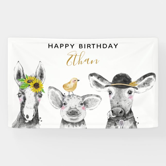 Modern Black & White Hand Drawn Barnyard Birthday Banner (Horizontal)