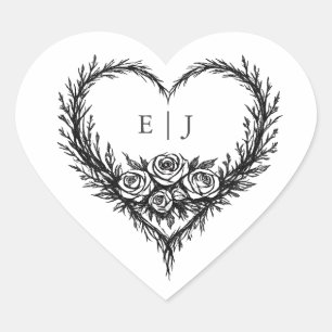 Modern Black White Hand drawn Floral Wedding Heart Sticker