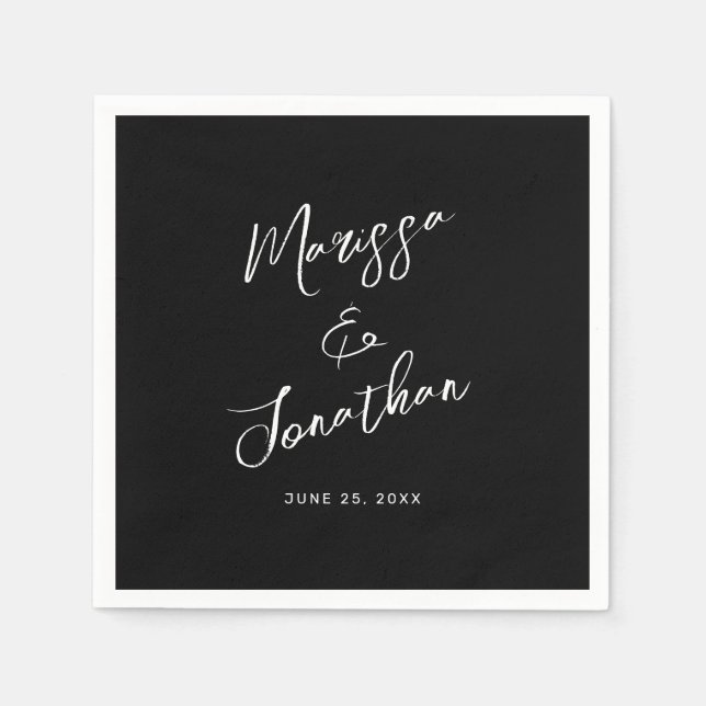 Modern Black White Hand Lettered Script Wedding Napkin (Front)