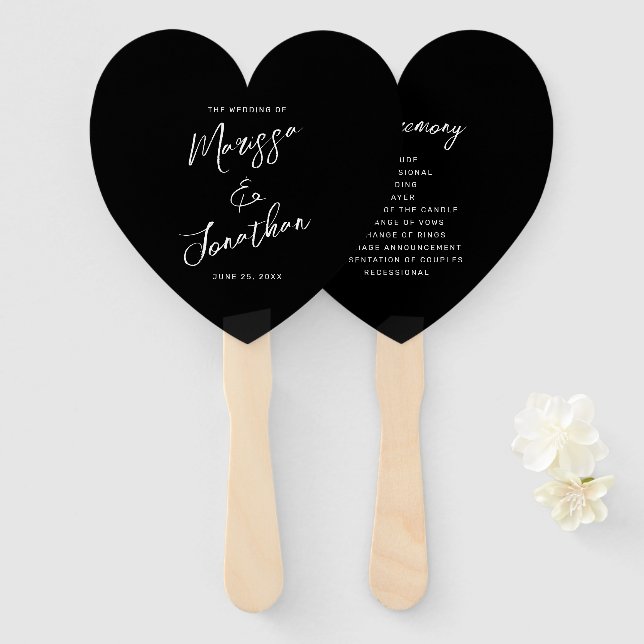 Modern Black White Hand Lettered Wedding Program Hand Fan (Front and Back)