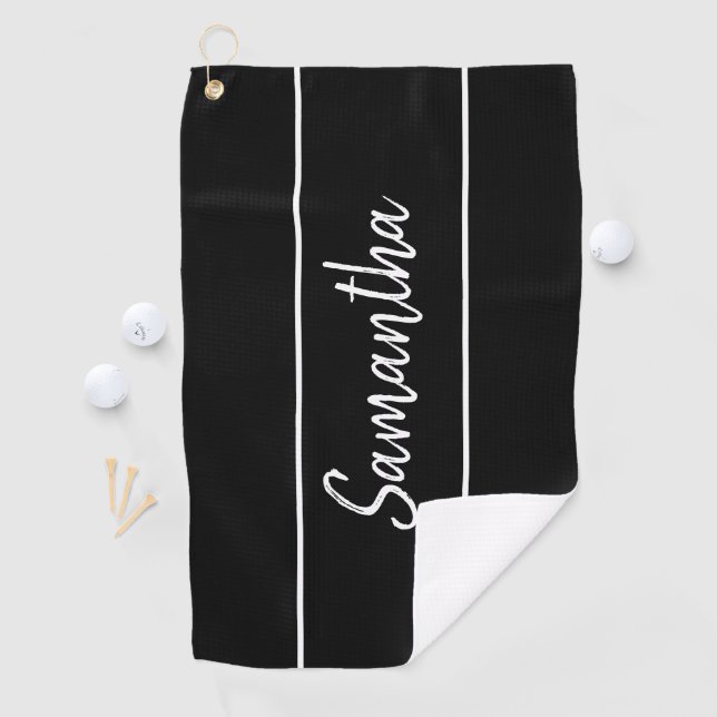 Modern Black White Hand Lettering Script Name Golf Towel (InSitu)