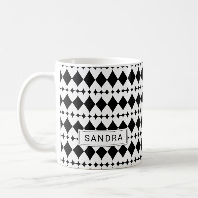 Modern Black & White Heart Pattern Personalized Coffee Mug (Left)