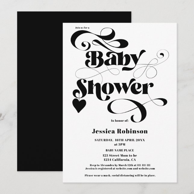 Modern black white heart script bold baby shower invitation (Front/Back)