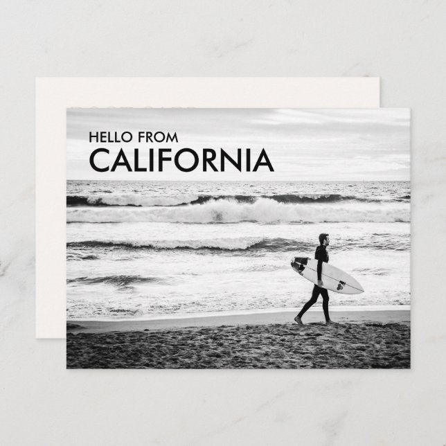 Modern Black & White Hello from California Beach Postcard (Front/Back)