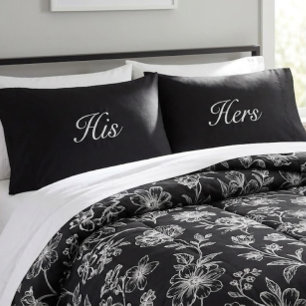 Modern Black White His and Hers  Pillowcase