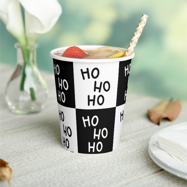 Modern Black White Ho Ho Santa Laugh Christmas Paper Cups (Insitu)