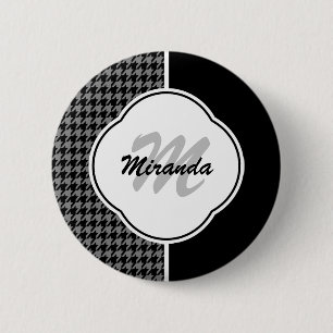 Modern Black White Houndstooth Monogram and Name 2 Inch Round Button