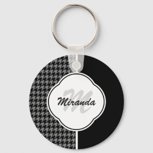 Modern Black White Houndstooth Monogram and Name Keychain