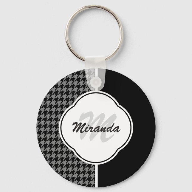 Modern Black White Houndstooth Monogram and Name Keychain (Front)