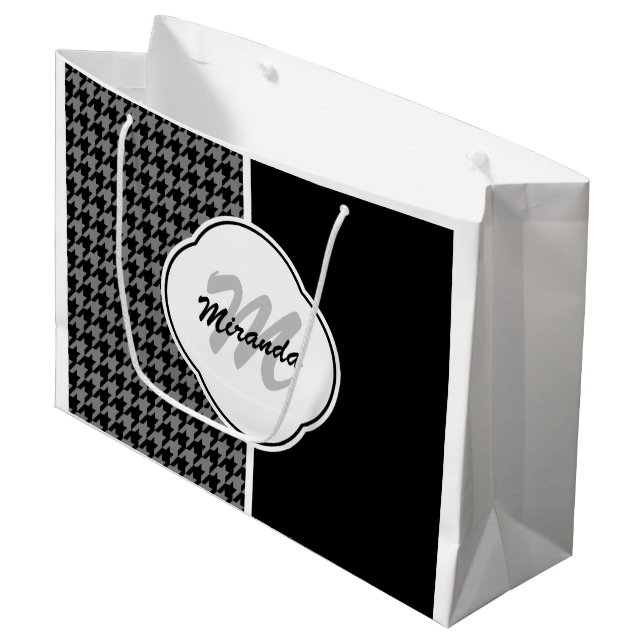 Modern Black White Houndstooth Monogram and Name Large Gift Bag (Front Angled)