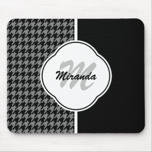 Modern Black White Houndstooth Monogram and Name Mouse Pad