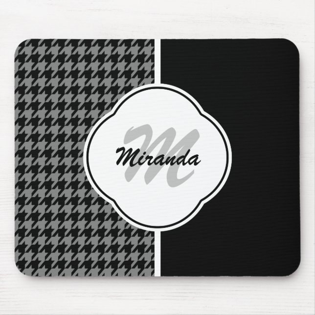 Modern Black White Houndstooth Monogram and Name Mouse Pad (Front)