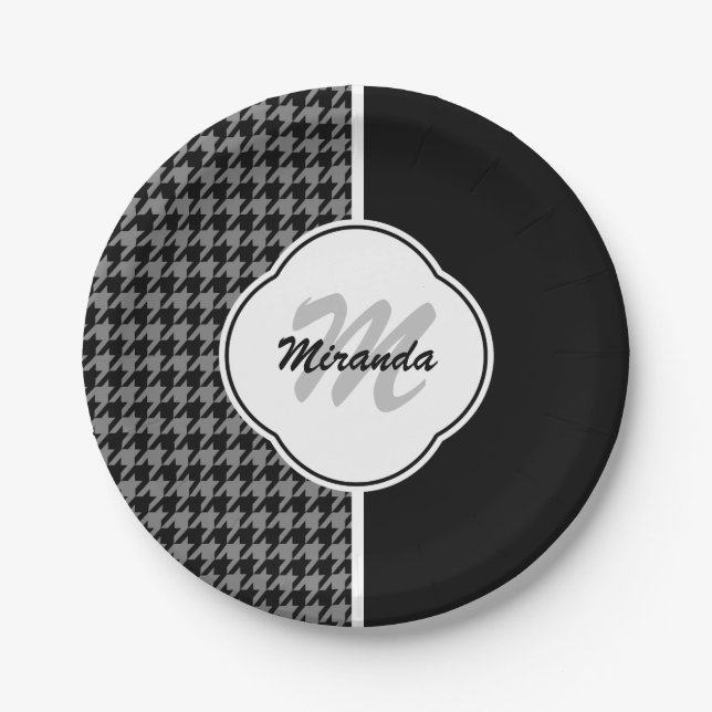 Modern Black White Houndstooth Monogram and Name Paper Plate (Front)