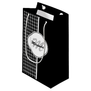 Modern Black White Houndstooth Monogram and Name Small Gift Bag
