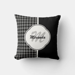 Modern Black White Houndstooth Monogram and Name Throw Pillow