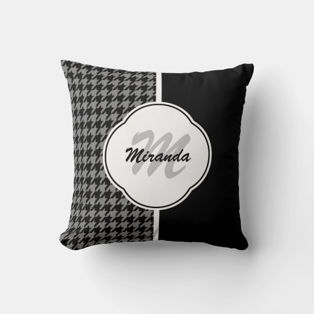 Modern Black White Houndstooth Monogram and Name Throw Pillow (Front)