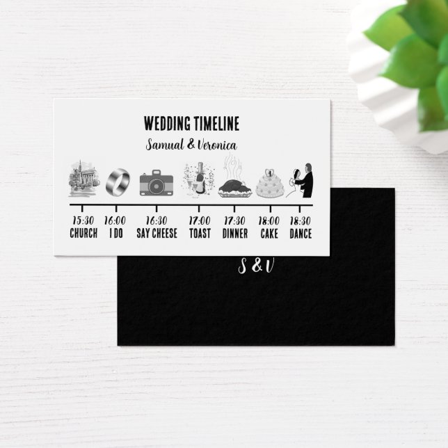 Modern Black & White Icon Wedding Timeline Card (Desk)