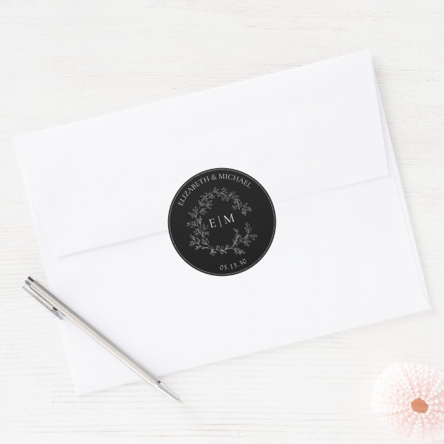 Modern Black White Leafy Crest Monogram Wedding Classic Round Sticker (Envelope)