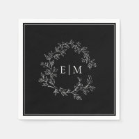 Modern Black White Leafy Crest Monogram Wedding