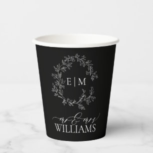 Modern Black White Leafy Crest Monogram Wedding Paper Cups