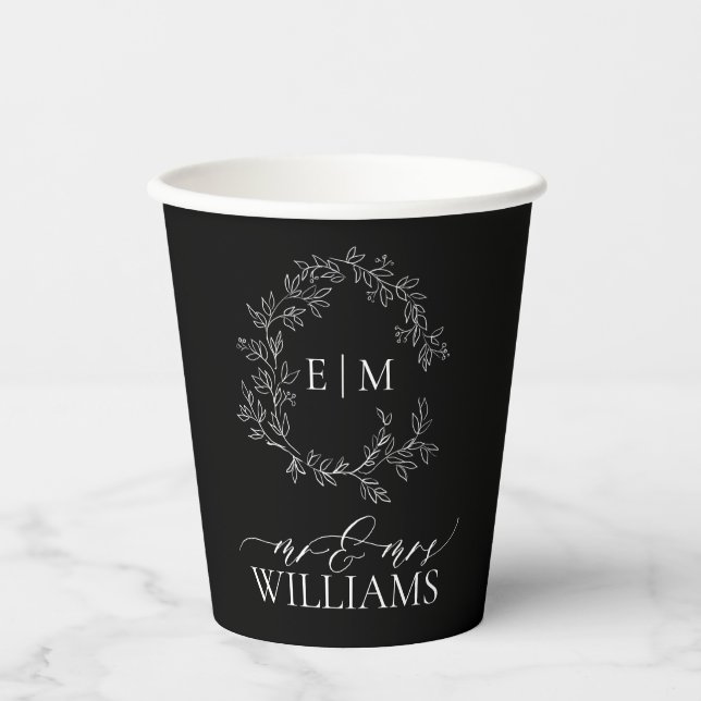 Modern Black White Leafy Crest Monogram Wedding Paper Cups (Front)
