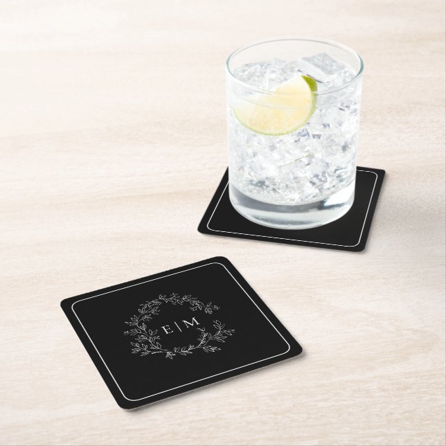 Modern Black White Leafy Crest Monogram Wedding Square Paper Coaster (Insitu)