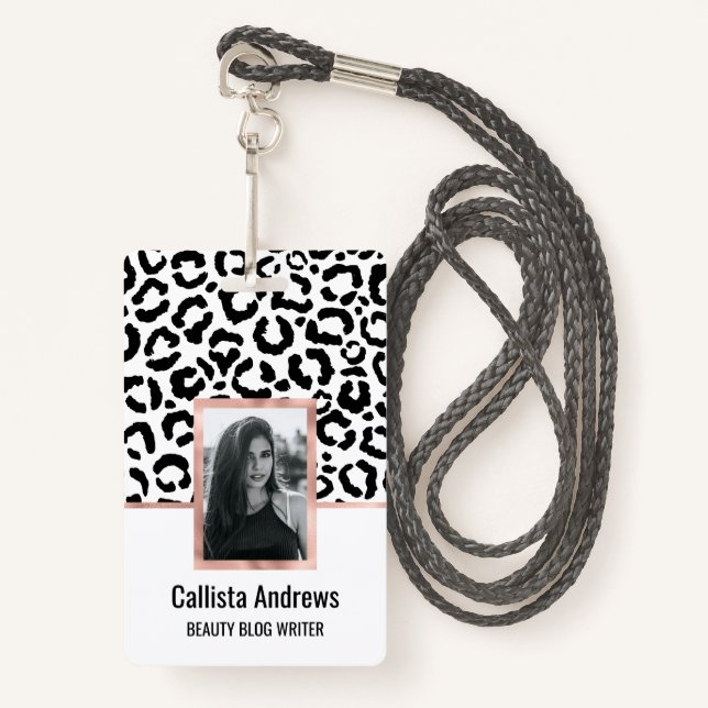Modern Black White Leopard Animal Print Pattern Badge (Front with Lanyard)