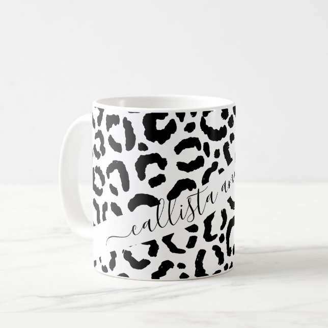 Modern Black White Leopard Animal Print Pattern Coffee Mug (Front Left)