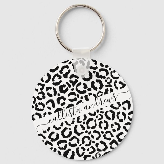 Modern Black White Leopard Animal Print Pattern Keychain (Front)
