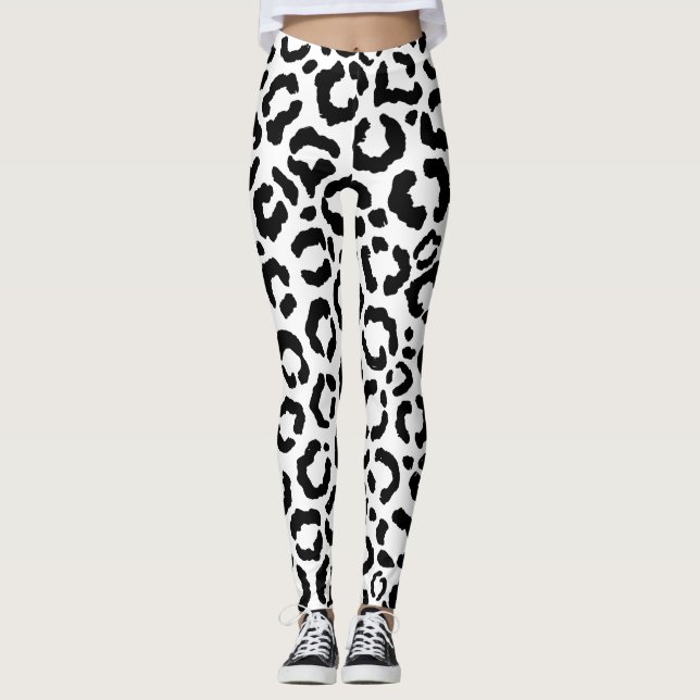 Modern Black White Leopard Animal Print Pattern Leggings (Front)