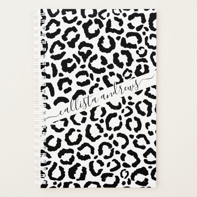 Modern Black White Leopard Animal Print Pattern Planner (Front)