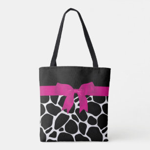 Modern Black White Leopard Print Pink Ribbon Tote Bag