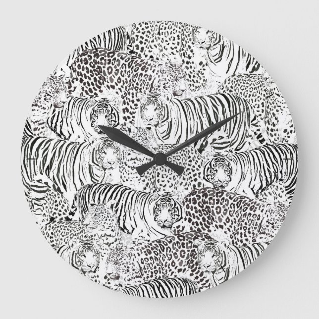 Modern Black White Leopard Tiger Animals Large Clock (Front)