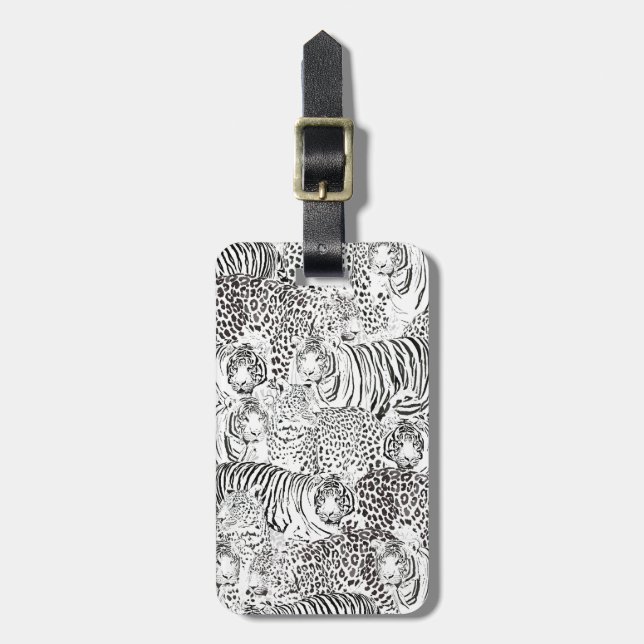 Modern Black White Leopard Tiger Animals Luggage Tag (Front Vertical)